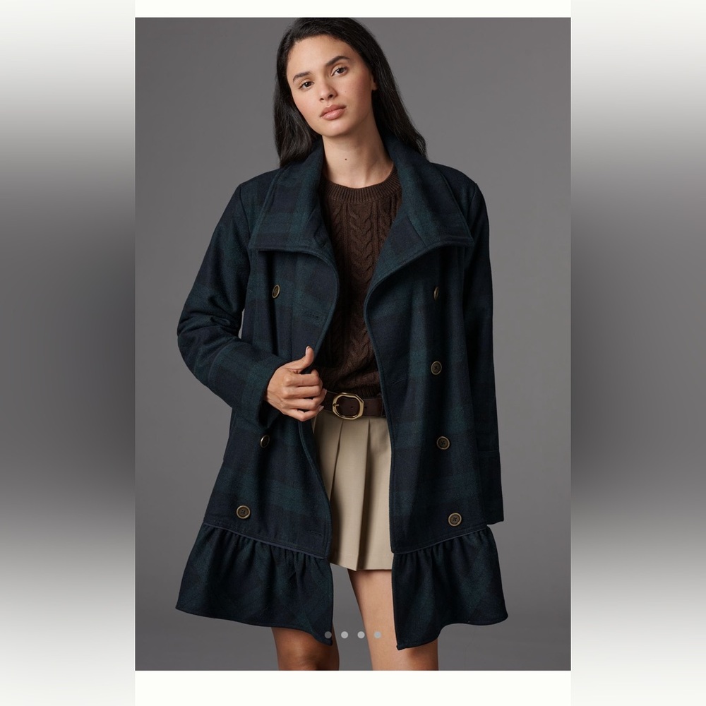 By Anthropologie Flounce Hem Wool Blend Peacoat